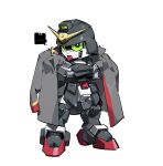  ... bright_pupils chibi clothed_robot coat coat_on_shoulders commentary crossed_arms full_body g_gundam green_eyes grey_coat gundam gundam_spiegel highres long_sleeves looking_at_viewer mecha no_humans pipebomb_(cracker68659106) robot science_fiction sd_gundam simple_background solo spoken_ellipsis standing super_robot symbol-only_commentary v-fin white_background white_pupils 