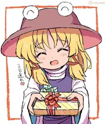  1girl blonde_hair blush box closed_eyes gift gift_box hair_ribbon hat holding holding_gift long_hair long_sleeves moriya_suwako open_mouth purple_vest ramudia_(lamyun) red_ribbon ribbon shirt solo touhou tress_ribbon twitter_username vest white_shirt wide_sleeves 