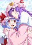  2girls :o bat_wings blue_hair capelet commentary_request crescent crescent_hair_ornament eichi_yuu fang hair_ornament hat hat_ribbon height_difference highres hug long_hair mob_cap multiple_girls open_mouth patchouli_knowledge purple_hair red_eyes red_ribbon remilia_scarlet ribbon robe short_hair smile touhou upper_body violet_eyes wide_sleeves wings 