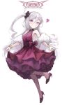  1girl alternate_costume bag_(chrko_bag) bare_shoulders blue_archive closed_mouth dress full_body halo heart high_heels highres looking_at_viewer mutsuki_(blue_archive) red_dress side_ponytail smile solo violet_eyes white_background white_hair 