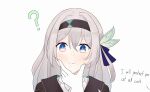  1girl :t ? black_hairband black_jacket blue_eyes blue_pupils blue_ribbon blush bow cheek_squash closed_mouth commentary english_commentary english_text firefly_(honkai:_star_rail) flat_color hair_between_eyes hair_bow hair_intakes hair_ribbon hairband hand_on_own_face head_tilt hidaori highres honkai:_star_rail honkai_(series) jacket long_hair looking_at_viewer pink_eyes portrait ribbon shirt sidelocks simple_background smile solo straight-on two-tone_eyes white_background white_bow white_shirt 