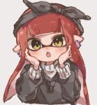  1girl :o black_bow black_hairband bow bow_hairband commentary cropped_torso hair_bow hairband hands_on_own_face inkling_girl inkling_player_character long_hair looking_at_viewer open_mouth redhead simple_background solo splatoon_(series) upper_body white_background yellow_eyes yksb_inc6 