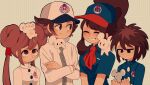  2boys 2girls ascot baseball_cap blue_headwear blue_shirt brown_eyes brown_hair buttons clem_(calmeremerald) closed_eyes closed_mouth commentary crossed_arms double_bun doughnut_hair_bun english_commentary green_background hair_bun hat high_ponytail highres hilbert_(pokemon) jacket long_hair medium_hair mouse multiple_boys multiple_girls nate_(pokemon) pokemon pokemon_bw pokemon_bw2 pokemon_sv print_headwear red_ascot rosa_(pokemon) shirt short_hair smile tandemaus teeth twintails upper_body white_headwear white_jacket zipper 