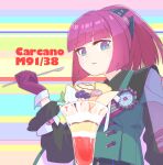  1girl arm_up carcano_m91/38_(girls&#039;_frontline) character_name eyebrows_hidden_by_hair girls_frontline gloves green_eyes highres holding holding_spoon looking_at_viewer medium_hair multicolored_background parfait parted_lips purple_gloves purple_hair solo spoon two-tone_eyes upper_body violet_eyes wrist_cuffs zukzuk13 
