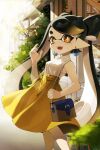 1girl bag black_hair blonde_hair bow-shaped_hair callie_(splatoon) commentary_request earrings eyelashes feet_out_of_frame gradient_hair handbag high-waist_skirt highres holding holding_bag jewelry long_hair looking_at_viewer mole mole_under_eye multicolored_hair nomu_(29_nom) open_mouth orange_eyes outdoors pointy_ears skirt smile solo splatoon_(series) standing star-shaped_pupils star_(symbol) symbol-shaped_pupils teeth tentacle_hair thick_eyebrows twintails two-tone_hair yellow_skirt