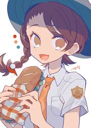  1girl auko blue_headwear braid brown_eyes brown_hair color_guide commentary_request food highres holding holding_food juliana_(pokemon) looking_at_viewer naranja_academy_(emblem) naranja_academy_school_uniform necktie open_mouth orange_necktie pocket pokemon pokemon_sv sandwich school_uniform shirt short_sleeves side_braid signature simple_background smile solo white_background white_shirt 