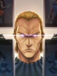  1boy ace86 blonde_hair blue_eyes closed_mouth commentary_request hair_slicked_back highres king_(one-punch_man) looking_at_viewer male_focus one-punch_man scar scar_across_eye scar_on_face short_hair solo 