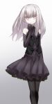  1girl bare_shoulders black_dress black_gloves black_thighhighs breasts dress elbow_gloves fate/grand_order fate_(series) gloves gradient_background hair_between_eyes highres illyasviel_von_einzbern illyasviel_von_einzbern_(phantasmal_princess) long_hair looking_at_viewer red_eyes sidelocks simple_background small_breasts smile solo thigh-highs white_hair yubeshi_(zecxl) 