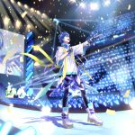  1boy akiyoshi_(tama-pete) arm_up belt black_leggings blue_eyes blue_hair boots commentary_request concert confetti crowd facing_ahead fingerless_gloves full_body gloves glowstick hair_between_eyes hand_on_own_chest kaito_(vocaloid) leggings male_focus multiple_belts music open_mouth scarf shadow shirt short_hair singing solo_focus stage_lights standing vocaloid white_footwear yellow_scarf 