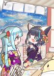  2girls :d absurdres animal_ears aqua_eyes aqua_hair arrow_(projectile) azur_lane bare_shoulders black_hair blue_hair blush_stickers breath bright_pupils cheshire_(azur_lane) chibi colored_inner_hair commentary_request commission detached_sleeves ear_covers expressionless eye_contact eyes_visible_through_hair floral_print floral_print_kimono flower frills fur_(clothing) hair_flower hair_ornament hair_ribbon hamaya hatsumoude highres himajin_(fd_jin) holding japanese_clothes kimono long_hair long_sleeves looking_at_another manjuu_(azur_lane) multicolored_hair multiple_girls neptune_(azur_lane) new_year notice_lines omikuji open_mouth print_kimono profile purple_kimono purple_sleeves red_flower red_ribbon ribbon short_hair skeb_commission sleeveless sleeveless_kimono smile snow snowing split_mouth standing turning_head violet_eyes white_flower white_pupils wide_sleeves yellow_ribbon 