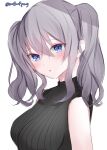  1girl black_sweater blue_eyes blush breasts grey_hair hair_between_eyes highres kantai_collection kashima_(kancolle) large_breasts looking_at_viewer one-hour_drawing_challenge parted_lips ribbed_sweater sidelocks simple_background sleeveless sleeveless_turtleneck solo sweater turtleneck turtleneck_sweater twintails upper_body white_background yoshino_(mfmfpng) 