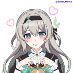  1girl :p black_hairband black_jacket black_ribbon blue_eyes blue_hair blue_pupils blush bow closed_mouth collared_shirt commentary_request crossed_bangs firefly_(honkai:_star_rail) gradient_hair green_bow grey_hair hair_between_eyes hair_bow hair_ribbon hairband hands_up heart highres honkai:_star_rail honkai_(series) index_fingers_together jacket long_sleeves looking_at_viewer mellikeu multicolored_hair neckerchief orange_neckerchief pink_eyes ribbon shirt sidelocks simple_background sleeveless sleeveless_shirt smile solo straight-on tongue tongue_out twitter_username two-tone_eyes two_side_up upper_body white_background white_shirt 