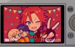  1boy 5.5 ;d battery_indicator blonde_hair box camera character_doll commentary_request confetti dated epaulettes fang fingerless_gloves gift gift_box gloves green_eyes happy_birthday idol_time_pripara looking_at_viewer male_focus mitaka_asahi one_eye_closed open_mouth pretty_series pripara recording red_background redhead short_hair smile string_of_flags takase_koyoi upper_body v v-shaped_eyebrows yumekawa_shogo 