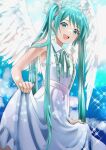  1girl angel_wings aqua_eyes aqua_hair aqua_nails blue_sky clothes_lift clouds colored_eyelashes dress dress_lift green_ribbon halo happy hatsune_miku highres kikuchi_mataha long_hair looking_at_viewer open_mouth ribbon sky smile solo sparkle teeth twintails twitter_username upper_body upper_teeth_only very_long_hair vocaloid wings 