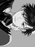  1boy closed_mouth commentary eyelashes fushiguro_megumi hair_between_eyes hand_on_own_cheek hand_on_own_face highres jujutsu_kaisen light_smile lips looking_at_viewer male_focus monochrome nose pipikeke short_hair sideways sleeves_past_wrists solo sweater 