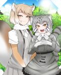  2girls absurdres animal_ear_fluff animal_ears belt black_hair blush brown_hair cat_ears cat_girl cat_tail closed_mouth day elbow_gloves fangs fox_ears fox_girl fox_tail fur-trimmed_sleeves fur_collar fur_trim gloves grey_hair hands_up height_difference high-waist_skirt highres kemono_friends light_brown_hair long_eyelashes long_sleeves looking_at_viewer multicolored_hair multiple_girls nanoder necktie open_clothes open_mouth open_vest outdoors own_hands_together pallas&#039;s_cat_(kemono_friends) parted_bangs pleated_skirt shirt shirt_tucked_in short_hair short_sleeves skirt smile sparkle spotted_hair striped_tail tail tibetan_fox_(kemono_friends) two-tone_hair upper_body v_arms vest white_hair yellow_eyes 