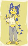  1girl ankh ankh_necklace ankha_(animal_crossing) barefoot blue_hair cat crop_top cup feet female furry grey_pants midriff navel paws straw sweatpants tail_wagging 