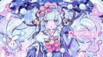  &gt;_&lt; 1girl blue_background blue_eyes blue_gloves blue_hair blue_kimono blue_theme blunt_bangs blush bonnet bow crescent floating_hair fur_scarf gloves hair_bow hand_up hatsune_miku highres japanese_clothes kiato kimono long_hair long_sleeves looking_at_viewer open_mouth pink_bow pointing pointing_at_viewer rabbit snow snowing song_name twintails upper_body very_long_hair vocaloid wide_sleeves yuki_miku yuki_miku_(2023) 