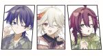  3boys blue_eyes choker closed_mouth genshin_impact green_eyes green_hoodie grey_jacket hair_between_eyes hair_ornament hairclip hood hoodie jacket kaedehara_kazuha male_focus multicolored_hair multiple_boys one_eye_closed open_mouth purple_hair red_eyes red_shirt redhead scaramouche_(genshin_impact) shikanoin_heizou shirt short_hair white_hair x_hair_ornament y0moru 