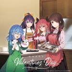  4girls apron black_hair chocolate closed_eyes date_a_live eyepatch green_apron happy_valentine highres holding holding_whisk indoors itsuka_kotori mixing_bowl multiple_girls official_art open_mouth pink_apron purple_hair red_apron red_eyes redhead smile tokisaki_kurumi violet_eyes whisk yatogami_tooka yoshino_(date_a_live) yoshinon 