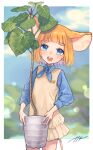  1girl absurdres animal_ears blue_eyes blunt_bangs blurry blurry_background blush bokeh collared_shirt cowboy_shot depth_of_field dress highres holding holding_plant indie_virtual_youtuber long_sleeves looking_at_viewer mouse_ears mouse_girl mouse_tail naname_(7name) neckerchief open_mouth orange_hair original pinafore_dress plant potted_plant shirt short_dress short_hair sleeveless sleeveless_dress smile solo tail thick_eyebrows virtual_youtuber 
