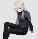  1girl absurdres alternate_costume an-94_(girls&#039;_frontline) blue_eyes bodysuit expressionless feet_out_of_frame girls_frontline grey_background highres long_hair rampart1028 sitting solo sweatdrop white_hair 