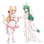  2girls :d absurdres alternate_costume animal_ear_fluff animal_ears arisa_maple backless_dress backless_outfit bare_shoulders bell_sleeves blonde_hair blue_eyes blush body_writing boots bow braid breasts bridal_veil cat_ears cat_girl cat_tail chinese_clothes chinese_commentary choker commentary_request covered_navel cross-laced_footwear detached_sleeves dress elbow_gloves facing_another facing_to_the_side fish_hair_ornament fox_ears fox_girl fox_tail french_braid frilled_sleeves frills full_body gloves green_hair green_tail hair_bow hair_ornament hairclip hanazono_serena hand_grab heterochromia high_heel_boots high_heels highres indie_virtual_youtuber leg_ribbon long_hair looking_at_viewer medium_breasts miyayoki multiple_girls red_bow red_eyes red_ribbon ribbon see-through see-through_dress simple_background skindentation smile standing tail thigh-highs thigh_ribbon two-tone_tail veil violet_eyes virtopia_club virtual_youtuber wedding_dress white_background white_choker white_dress white_footwear white_gloves white_tail white_thighhighs white_veil wide_sleeves x_hair_ornament yellow_tail 