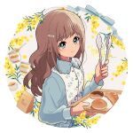  1girl arisa_(aren) artist_name blue_bow blue_dress blue_eyes blush border bow brown_hair buttons c: closed_mouth collared_dress croissant doughnut dress floral_print floral_print_dress flower food hair_ornament hand_up highres holding holding_tongs holding_tray jar long_hair long_sleeves looking_at_viewer original plant print_dress round_image signature smile solo spoon tongs tray upper_body white_border white_dress yellow_flower 