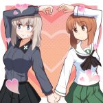  2girls arm_up averting_eyes black_neckerchief black_skirt blouse blue_eyes blush brown_eyes brown_hair closed_mouth commentary dress_shirt frown girls_und_panzer green_skirt grey_hair grey_shirt heart heart_arms heiden highres holding_hands insignia itsumi_erika kuromorimine_school_uniform long_sleeves looking_at_another medium_hair miniskirt multiple_girls neckerchief nishizumi_miho ooarai_school_uniform pleated_skirt polka_dot polka_dot_background sailor_collar school_uniform serafuku shirt short_hair skirt smile standing white_sailor_collar white_shirt wing_collar 