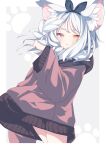  1girl animal_ear_fluff animal_ears blush brown_hoodie cat_ears cowboy_shot daidai_ookami heterochromia highres hood hood_down hoodie long_sleeves original short_hair solo white_hair wide_sleeves yellow_eyes 