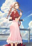  1girl aerith_gainsborough beach blue_sky bow bracelet braid braided_ponytail brown_hair clouds cropped_jacket dress fadingz final_fantasy final_fantasy_vii final_fantasy_vii_rebirth final_fantasy_vii_remake green_eyes hair_bow highres jacket jewelry looking_at_viewer looking_back pink_bow pink_dress railing red_jacket segway sky smile solo 