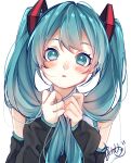  1girl absurdres blue_eyes blue_hair blush commentary detached_sleeves hair_ornament hatsune_miku highres holding holding_hair long_hair long_sleeves looking_at_viewer mai_mugi open_mouth shirt sleeveless sleeveless_shirt solo twintails upper_body virtual_youtuber vocaloid 