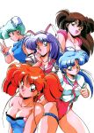  1990s_(style) 5girls animal_ears bare_shoulders blue_eyes blue_hair bracelet breasts brown_eyes brown_hair bun_cover closed_mouth covered_nipples cyber_block_metal_orange fake_animal_ears green_eyes hair_bun high_ponytail highres jewelry large_breasts leotard long_hair multiple_girls non-web_source official_art open_mouth puffy_short_sleeves puffy_sleeves purple_hair rabbit_ears red_eyes redhead retro_artstyle school_uniform short_hair short_sleeves smile strapless thigh_strap tomo_(cyber_block_metal_orange) twintails violet_eyes 