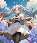  1girl belt black_belt blue_sky capelet clouds dangle_earrings drop_earrings earrings elf field flower flower_field frieren green_eyes grey_hair highres holding holding_staff jewelry long_hair looking_at_viewer mage_staff pantyhose pointy_ears shirt skirt sky solo sousou_no_frieren staff striped_clothes striped_shirt tomo_527 twintails white_capelet white_skirt 