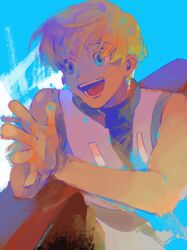  1boy :d blonde_hair blue_eyes highres hun_bbokbbok hunter_x_hunter looking_ahead male_focus outstretched_hand painterly shalnark shirt short_hair sleeveless smile solo upper_body 