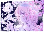  1girl blue_background border branch cherry_blossoms closed_mouth dated flower hair_flower hair_ornament hand_up highres kiato looking_at_viewer original petals pink_flower pink_hair profile short_hair signature snow solo upper_body violet_eyes white_border 
