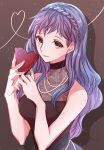  1girl alternate_costume black_dress blue_hair braid brown_background brown_eyes candy chocolate closed_mouth crown_braid dress fire_emblem fire_emblem:_three_houses food heart heart-shaped_chocolate highres holding holding_chocolate holding_food lips long_hair looking_at_viewer marianne_von_edmund mixed-language_commentary pink_lips sleeveless sleeveless_dress smile solo twitter_username wavy_hair yutohiroya 