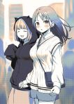  2girls :d =_= absurdres ayanakitori blurry blurry_background blush breasts collared_shirt commentary_request crowd highres holding_hands hood long_sleeves looking_at_viewer medium_breasts medium_hair monochrome multiple_girls open_mouth original shirt short_hair shorts skirt sleeves_past_fingers sleeves_past_wrists smile sweater_vest textless_version 