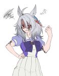  1girl ahoge angry animal_ears arm_tattoo blue_hair bow bowtie braid commentary cowboy_shot ear_ornament eyebrows_hidden_by_hair facial_tattoo fukuro_(maruaru00) furrowed_brow genderswap genderswap_(mtf) grey_hair hair_between_eyes hand_on_own_hip hand_up highres horse_ears horse_girl lani_(racehorse) medium_hair messy_hair multicolored_hair original personification pleated_skirt puffy_short_sleeves puffy_sleeves purple_bow purple_bowtie purple_shirt red_eyes redhead sailor_collar sailor_shirt school_uniform shaded_face sharp_teeth shirt short_sleeves simple_background skirt slit_pupils solo squiggle summer_uniform tattoo teeth tracen_school_uniform umamusume white_background white_sailor_collar white_skirt 