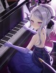  1girl backless_dress backless_outfit blue_archive chanpower233 closed_mouth commentary demon_girl demon_horns demon_wings dress elbow_gloves gloves grey_hair halo highres hina_(blue_archive) hina_(dress)_(blue_archive) horns instrument long_dress looking_at_viewer music official_alternate_costume piano playing_instrument purple_dress purple_gloves purple_halo smile solo strapless strapless_dress violet_eyes wings 
