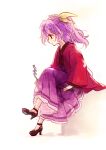  1girl biyon brown_footwear full_body hair_ribbon high_ponytail holding holding_smoking_pipe japanese_clothes kimono komakusa_sannyo long_sleeves puffy_long_sleeves puffy_sleeves purple_hair purple_skirt red_eyes red_kimono ribbon skirt smoking_pipe solo touhou twitter_username yellow_ribbon 