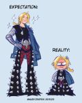  1boy 3: anger_vein angry black_pants black_shirt blonde_hair blue_background blue_jacket braid braided_ponytail chibi closed_mouth commentary dated edward_elric english_commentary expectations/reality frown full_body fullmetal_alchemist highres jacket jacket_on_shoulders killer:jeans long_hair looking_at_viewer male_focus marycrispies meme_attire pants parted_bangs prosthesis prosthetic_arm shirt simple_background sleeveless sleeveless_shirt smile sparkle spiked_pants twitter_username 