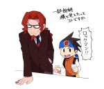  ._. 2boys backpack bag brown_hair chiha_bobobo commentary_request desk facial_hair formal glasses goatee hand_in_pocket headband height_difference highres lan_hikari_(mega_man) male_focus mega_man_(series) mega_man_battle_network_(series) mega_man_battle_network_6 mr._match_(mega_man) multiple_boys official_alternate_costume personal_terminal redhead short_hair simple_background suit translation_request white_background 