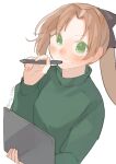  1girl akigumo_(kancolle) brown_hair drawing_tablet green_eyes green_sweater grin hair_ribbon kantai_collection long_hair looking_at_viewer official_alternate_costume one-hour_drawing_challenge ribbon simple_background smile solo stylus suppaman_(rfjy) sweater upper_body white_background 