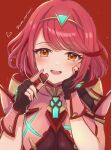  1girl absurdres black_gloves breasts chest_jewel chocolate fingerless_gloves food gloves highres holding holding_chocolate holding_food looking_at_viewer norimaki_(nrmk_norinori) open_mouth pyra_(xenoblade) red_background redhead smile solo swept_bangs tiara upper_body valentine xenoblade_chronicles_(series) xenoblade_chronicles_2 