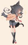  1girl animal_ear_fluff animal_ears animal_hands arms_up black_hair black_sailor_collar black_serafuku black_skirt cardigan cat_ears cat_girl cat_tail claws closed_eyes closed_mouth crossed_ankles floating_hair full_body gloves highres kasa_(hitori_sanka) long_hair low_twintails neckerchief open_cardigan open_clothes orange_background orange_sweater original outstretched_arms paw_gloves pleated_skirt red_neckerchief sailor_collar school_uniform serafuku shirt simple_background skirt solo sparkle spread_arms sweater tail twintails white_shirt 