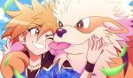  1boy affectionate arcanine blonde_hair blue_jacket blue_oak blue_oak_(sygna_suit) blurry blush brown_eyes clouds commentary_request day depth_of_field falling_leaves grin hand_up highres inglebard jacket jewelry leaf licking licking_another&#039;s_face male_focus necklace official_alternate_costume outdoors pokemon pokemon_masters_ex shirt short_hair sky smile spiky_hair teeth upper_body wristband 
