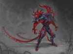  absurdres armor claws colored_teeth digitigrade full_body grey_background highres horns leviair long_tail monster multiple_tails no_humans original plant red_horns sharp_teeth solo spiked_horns standing tail teeth thorns two_tails vines 