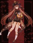  1girl absurdres bare_legs black_headwear black_shorts bouquet breasts bright_pupils brown_coat brown_eyes brown_footwear brown_hair coat flower flower-shaped_pupils genshin_impact hat hat_flower highres holding holding_bouquet hu_tao_(genshin_impact) long_hair long_sleeves looking_at_viewer patterned_background porkpie_hat red_shirt shirt shorts sinonomemikann sleeves_past_wrists small_breasts socks symbol-shaped_pupils twintails two-tone_background very_long_hair white_pupils white_socks wide_sleeves 