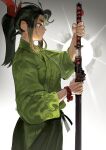  1girl black_hair black_hakama blonde_hair breasts colored_tips cowboy_shot from_side gradient_background green_kimono grey_background hair_ribbon hakama hand_up highres hip_vent holding holding_sword holding_weapon japanese_clothes katana kimono knights_of_the_wandering_castle lady_kitakaze_no_shodan long_hair long_sleeves luny multicolored_hair ponytail profile red_ribbon reverse_grip ribbon rope sheath solo streaked_hair sword toned two-tone_hair unsheathing weapon white_background 